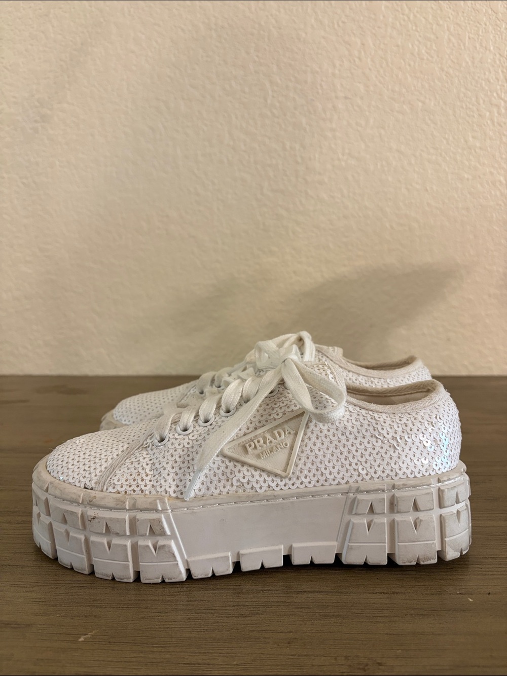 Prada White Sequins Double Wheel Platform Sneakers - Picture 5 of 11